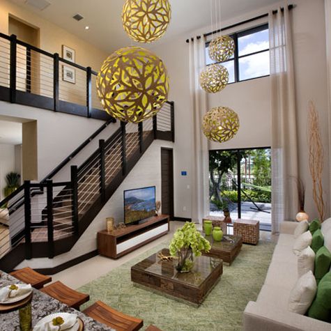 Double-height living room with staircase
