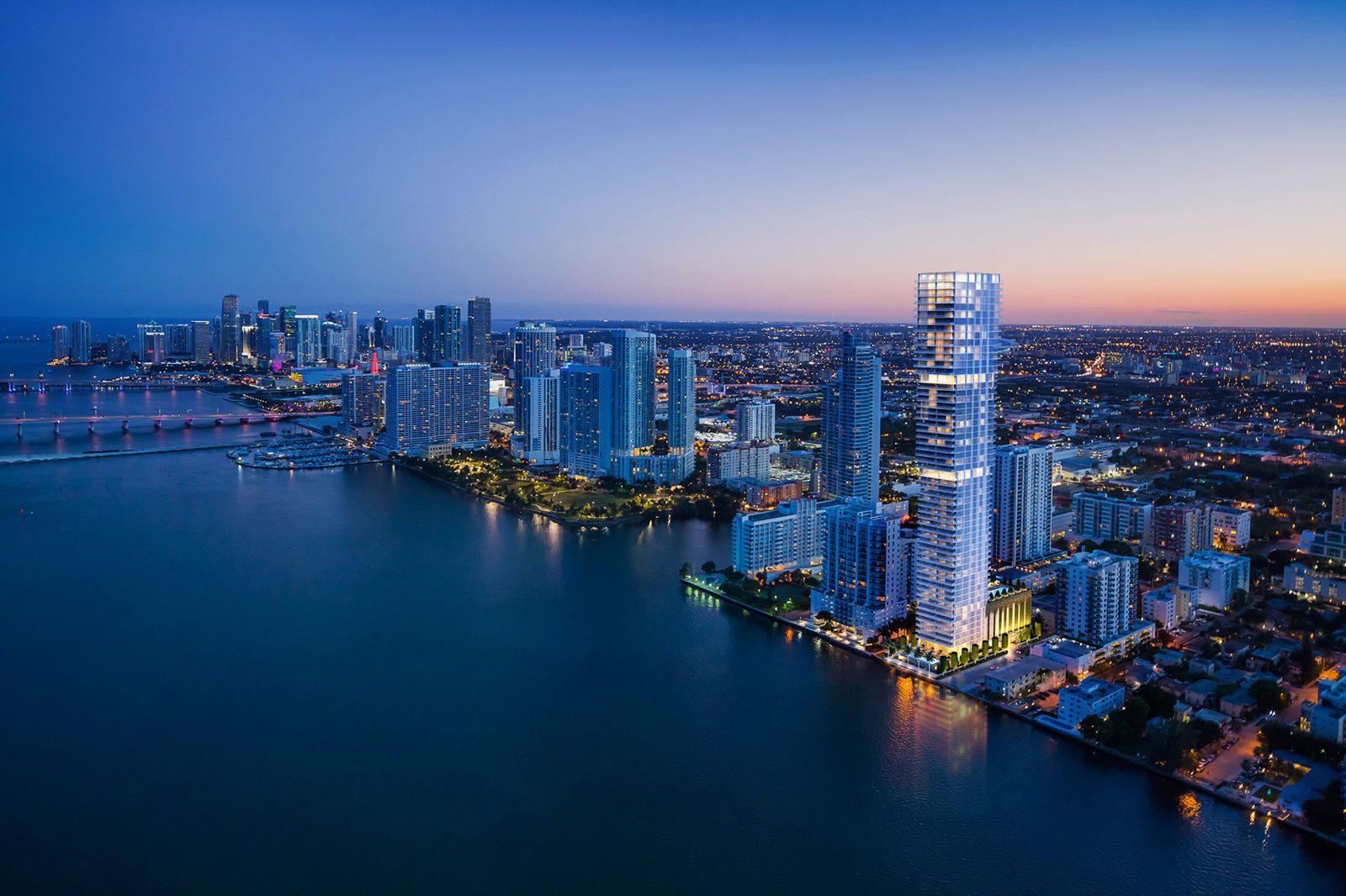 Aerial view of the Miami waterfront skyline