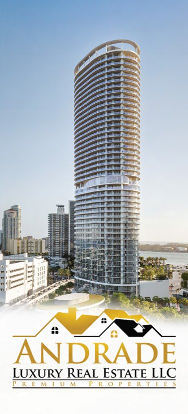 Miami condominium tower with the Andrade Luxury Real Estate logo